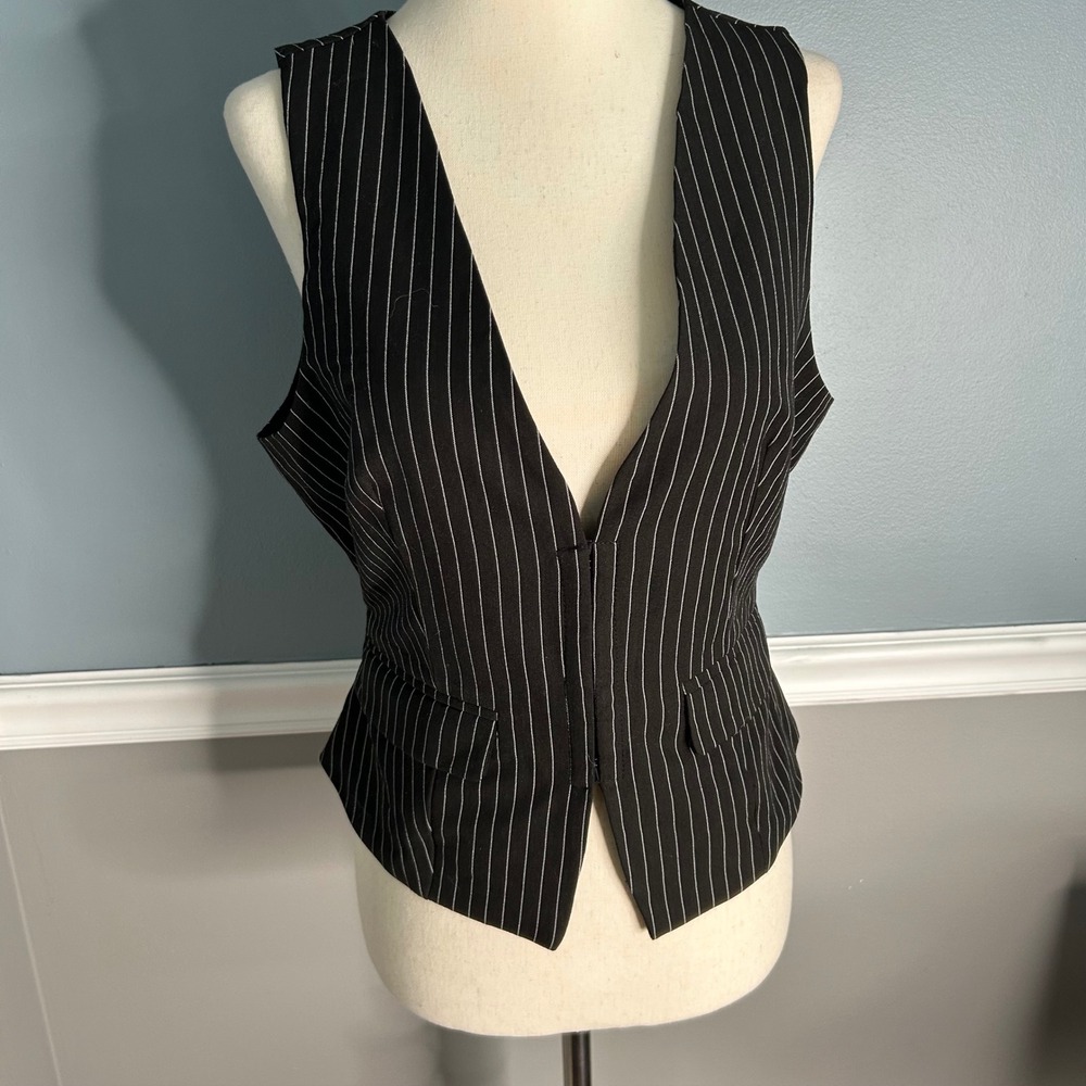 Black White Pinstripe Hook & Eye Front Tailored blazer vest Waistcoat S